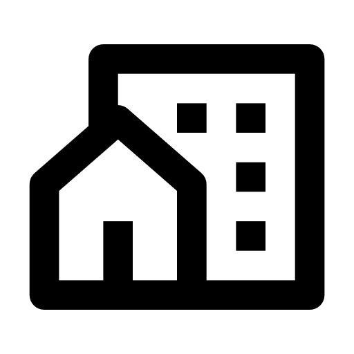 A line drawing of a house in front of an apartment building